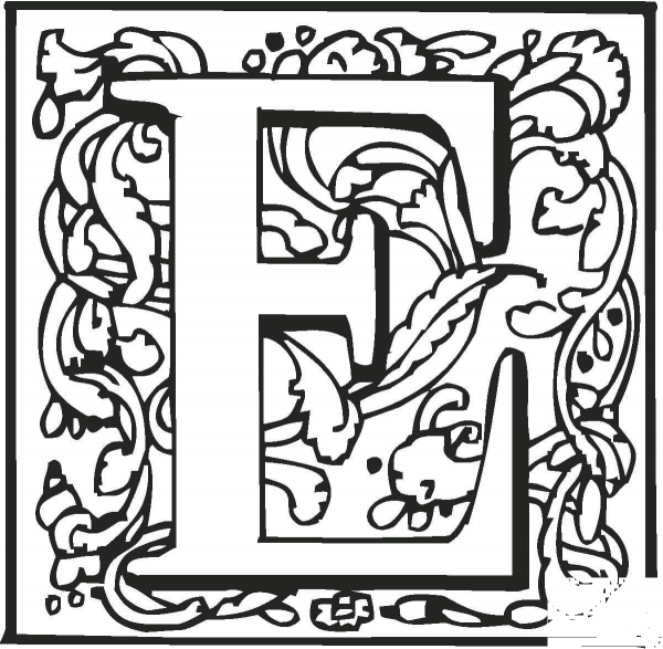Letter E with Ornament coloring page image