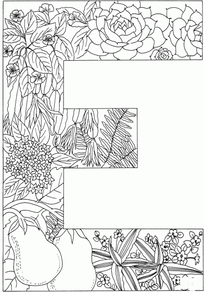 Letter E with Plants coloring page image