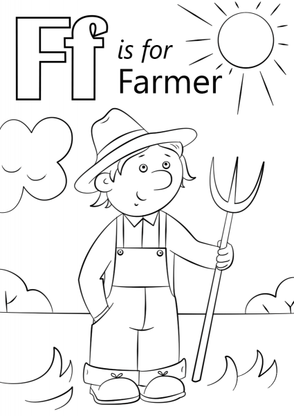Letter F is for Farmer coloring page image