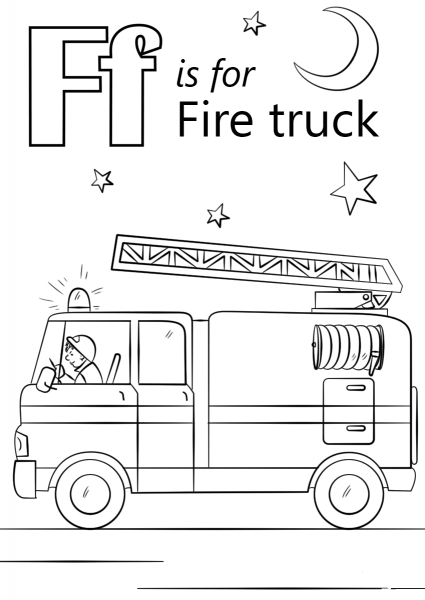 Letter F is for Fire Truck coloring page image