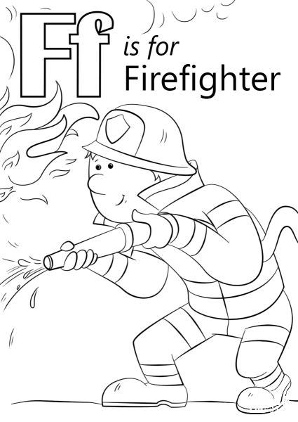 Letter F is for Firefighter coloring page image