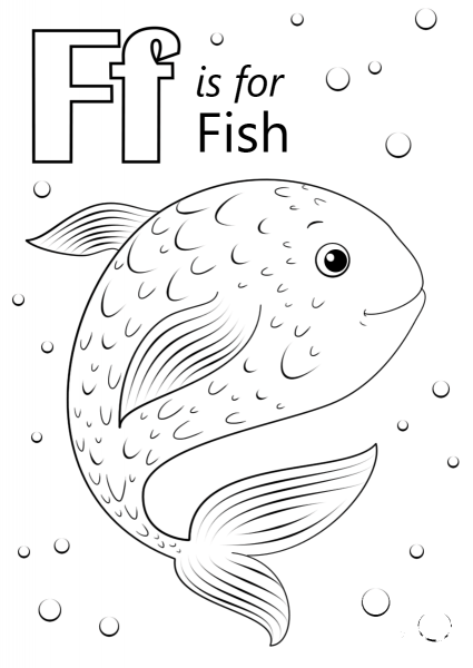 Letter F is for Fish coloring page image