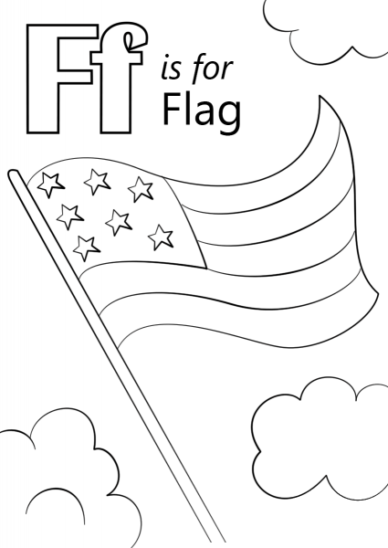 Letter F is for Flag coloring page image