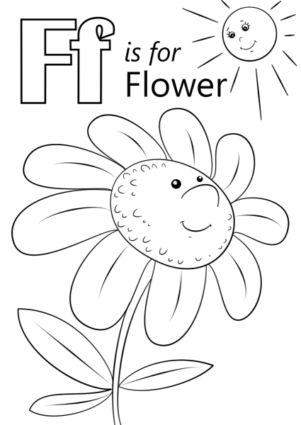Letter F is for Flower coloring page image