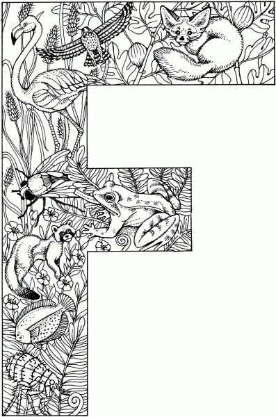 Letter F with Animals coloring page image