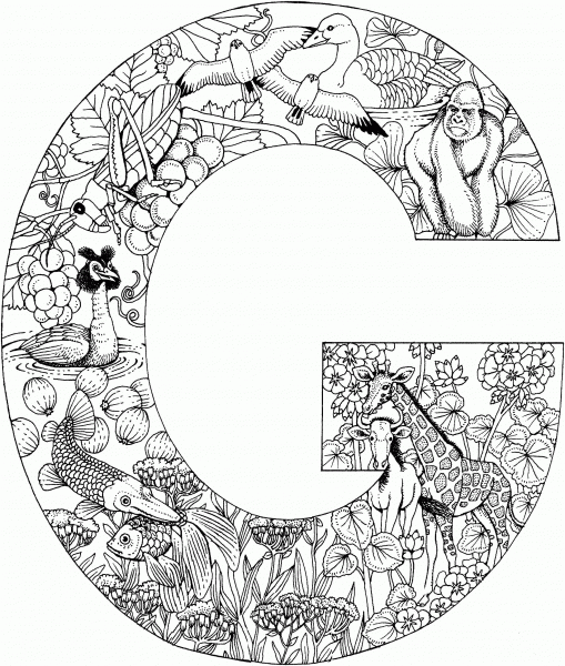 Letter G with Animals coloring page image