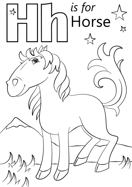 Letter H is for Horse coloring page image