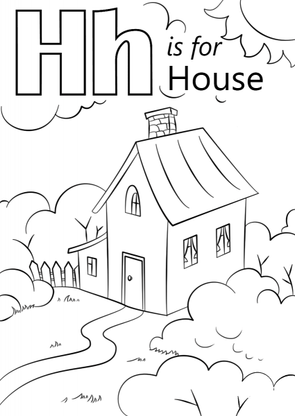 Letter H is for House coloring page image