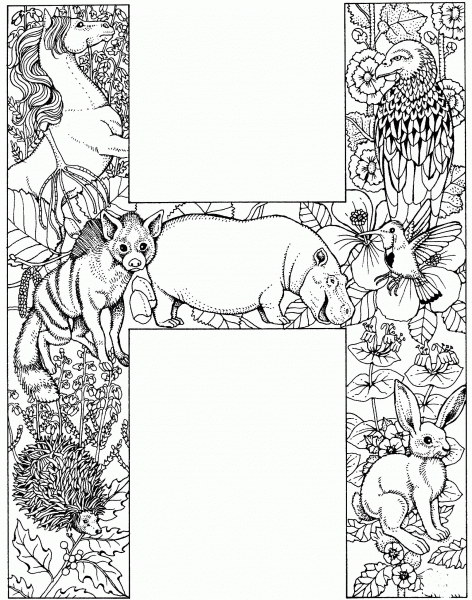Letter H with Animals coloring page image