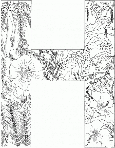 Letter H with Plants coloring page image