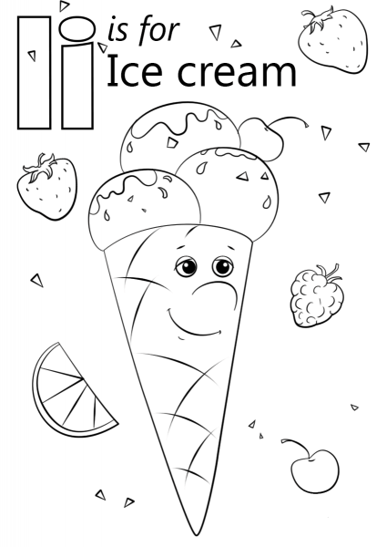 Letter I is for Ice Cream coloring page image