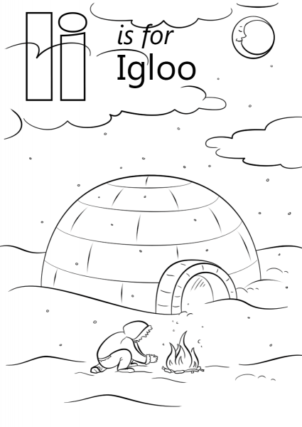 Letter I is for Igloo coloring page image