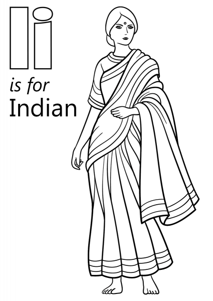 Letter I is for Indian coloring page image