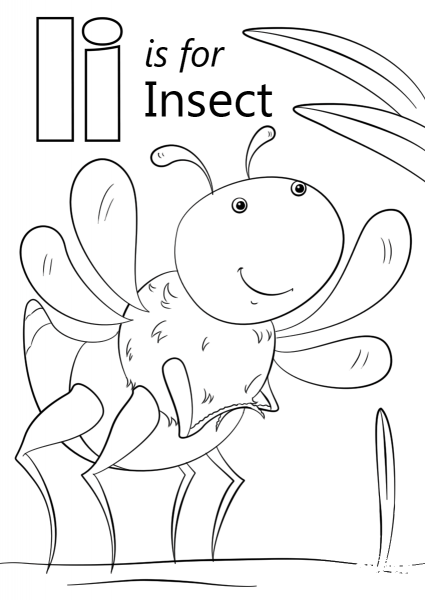 Letter I is for Insect coloring page image