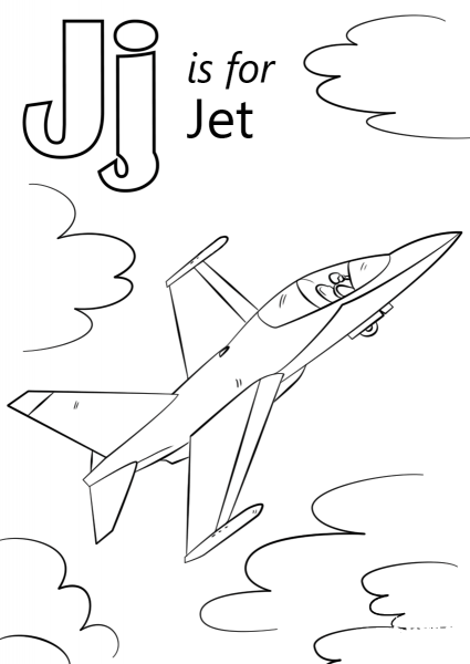 Letter J is for Jet coloring page image