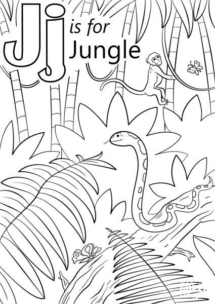 Letter J is for Jungle coloring page image