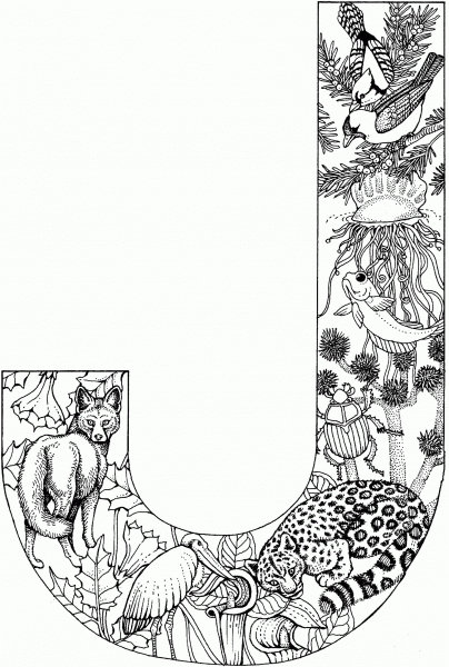 Letter J with Animals coloring page image