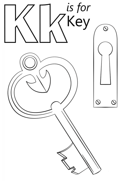 Letter K is for Key coloring page image