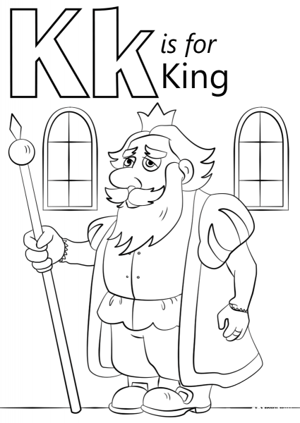 Letter K is for King coloring page image