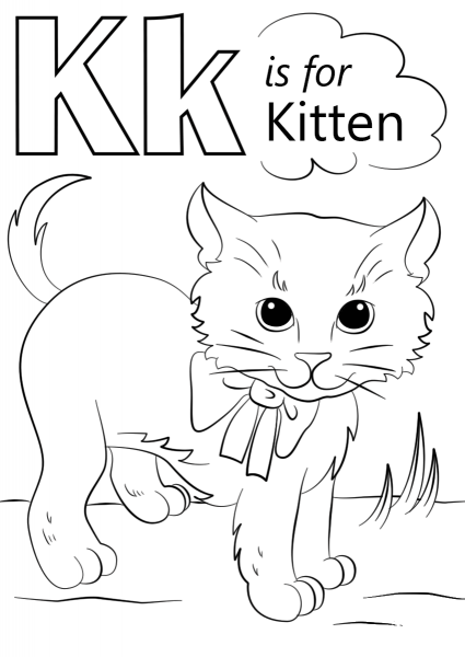 Letter K is for Kitten coloring page image