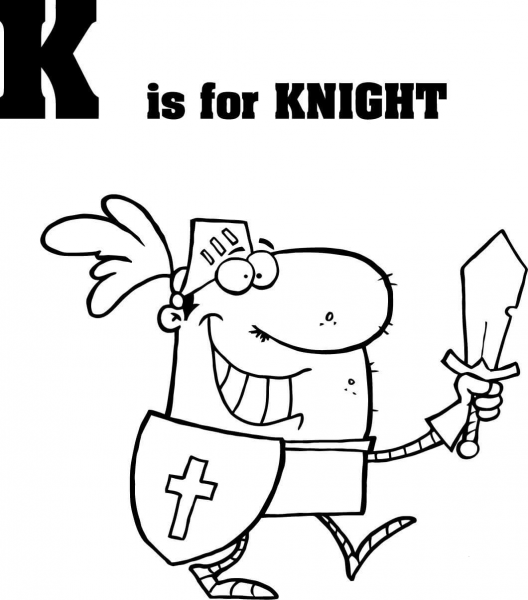 Letter K is for Knight coloring page image