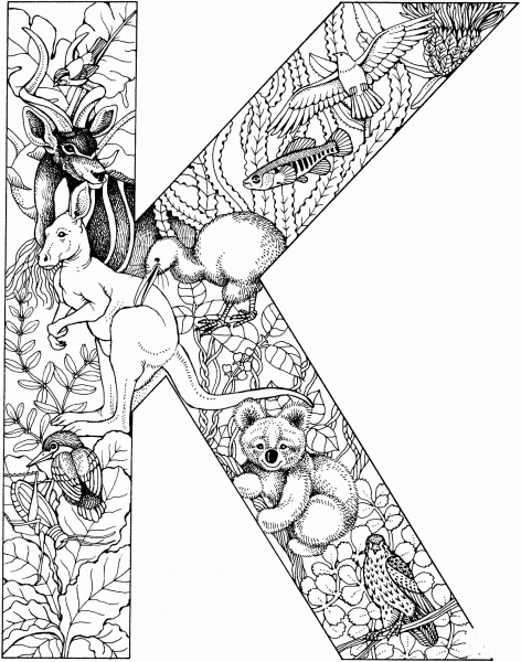 Letter K with Animals coloring page image