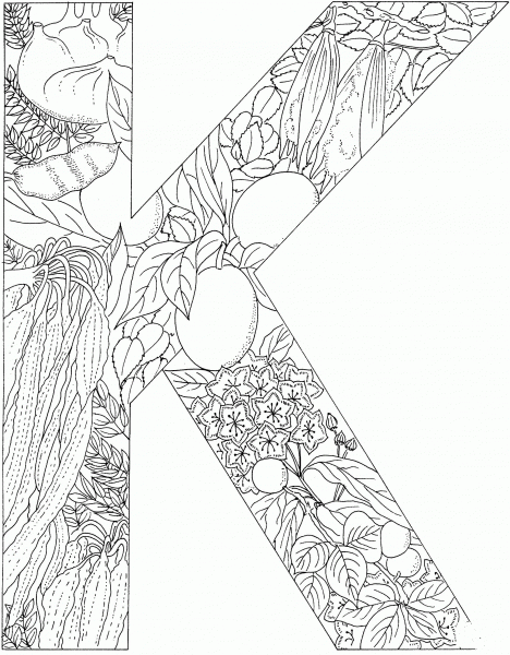 Letter K with Plants coloring page image