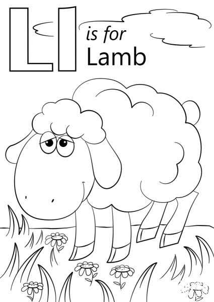 Letter L is for Lamb coloring page image