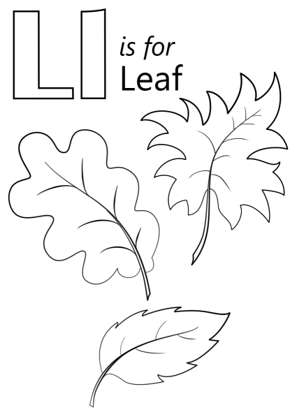 Letter L is for Leaf coloring page image