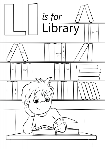 Letter L is for Library coloring page image