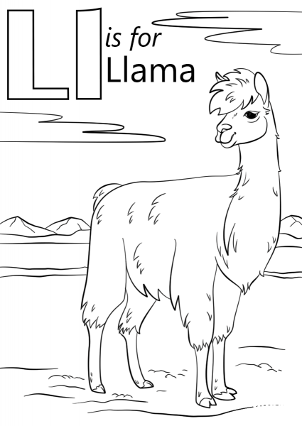 Letter L is for Llama coloring page image