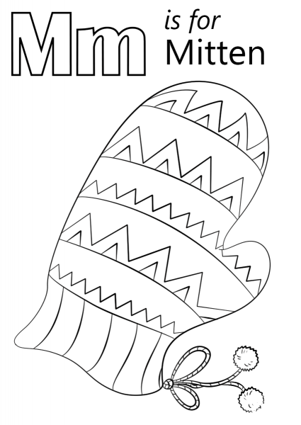 Letter M is for Mitten coloring page image