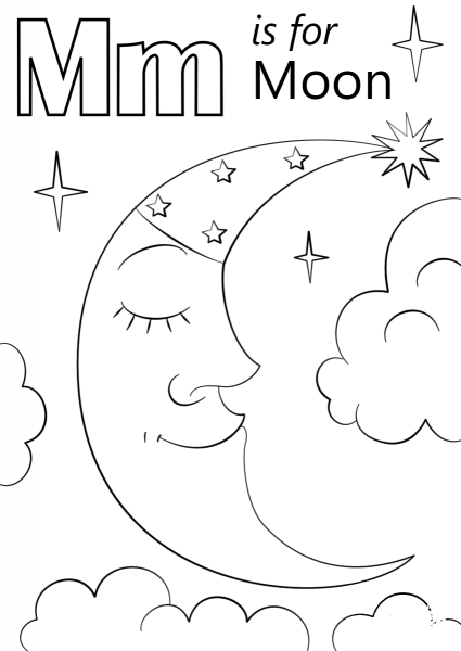 Letter M is for Moon coloring page image