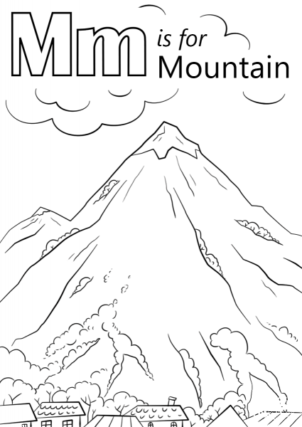 Letter M is for Mountain coloring page image