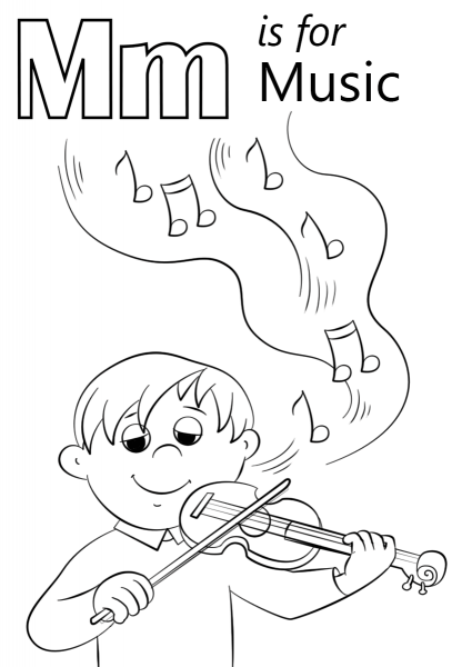Letter M is for Music coloring page image