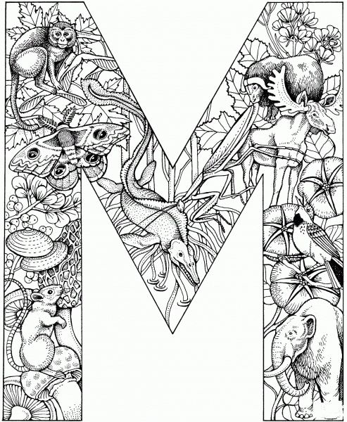 Letter M with Animals coloring page image