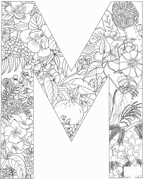 Letter M with Plants coloring page image