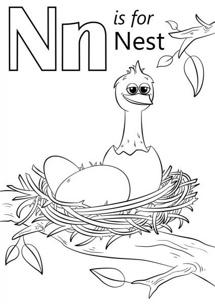Letter N is for Nest coloring page image