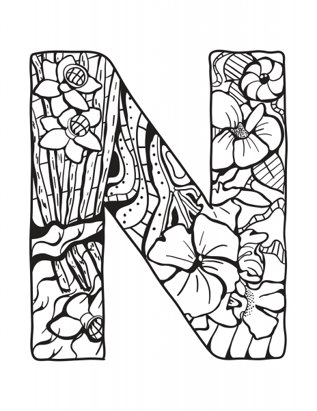 Letter N Zentangle coloring page image
