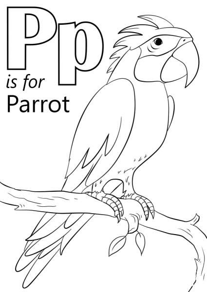 Letter P is for Parrot coloring page image