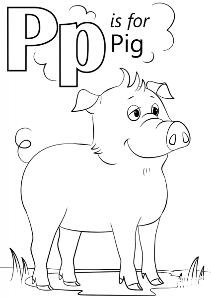 Letter P is for Pig coloring page image