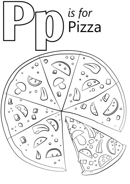 Letter P is for Pizza coloring page image