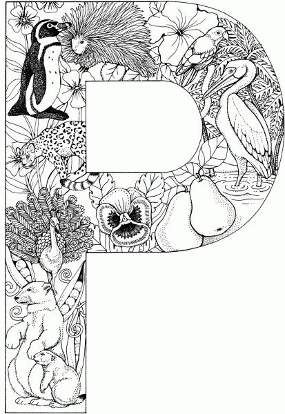 Letter P with Animals coloring page image