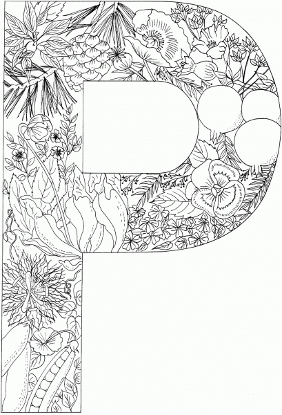 Letter P with Plants coloring page image