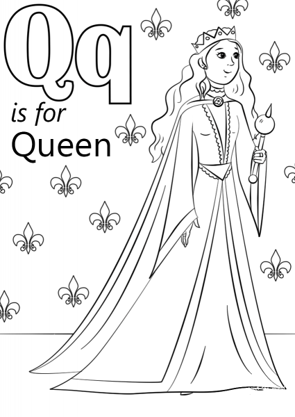 Letter Q is for Queen coloring page image