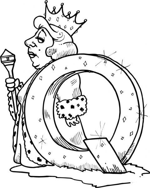 Letter Q is for Queen coloring page image