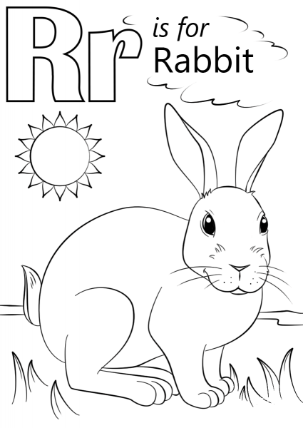 Letter R is for Rabbit coloring page image