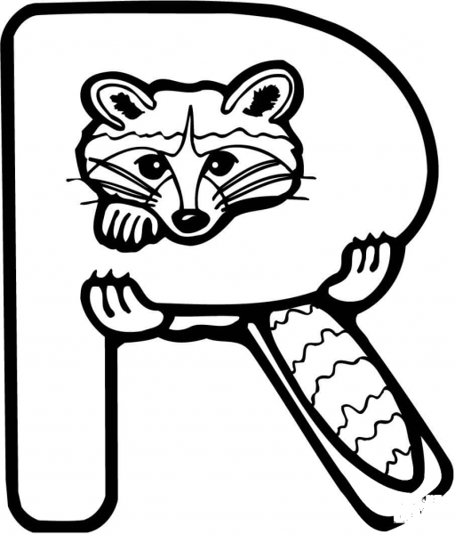 Letter R is for Raccoon coloring page image