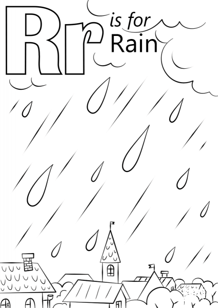 Letter R is for Rain coloring page image