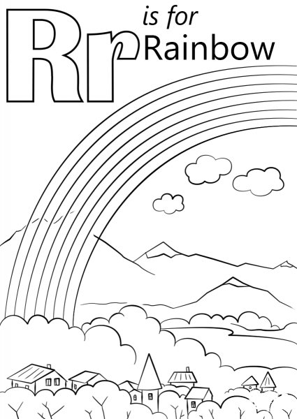 Letter R is for Rainbow coloring page image